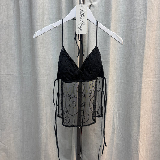 Black Beaded Sheer Mesh Halter Tie Top