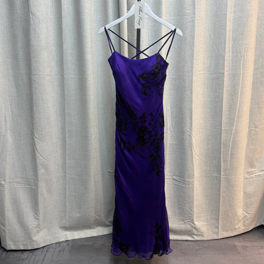 Adolfo Dominguez Purple and Black Silk Floral Beaded Maxi Dress