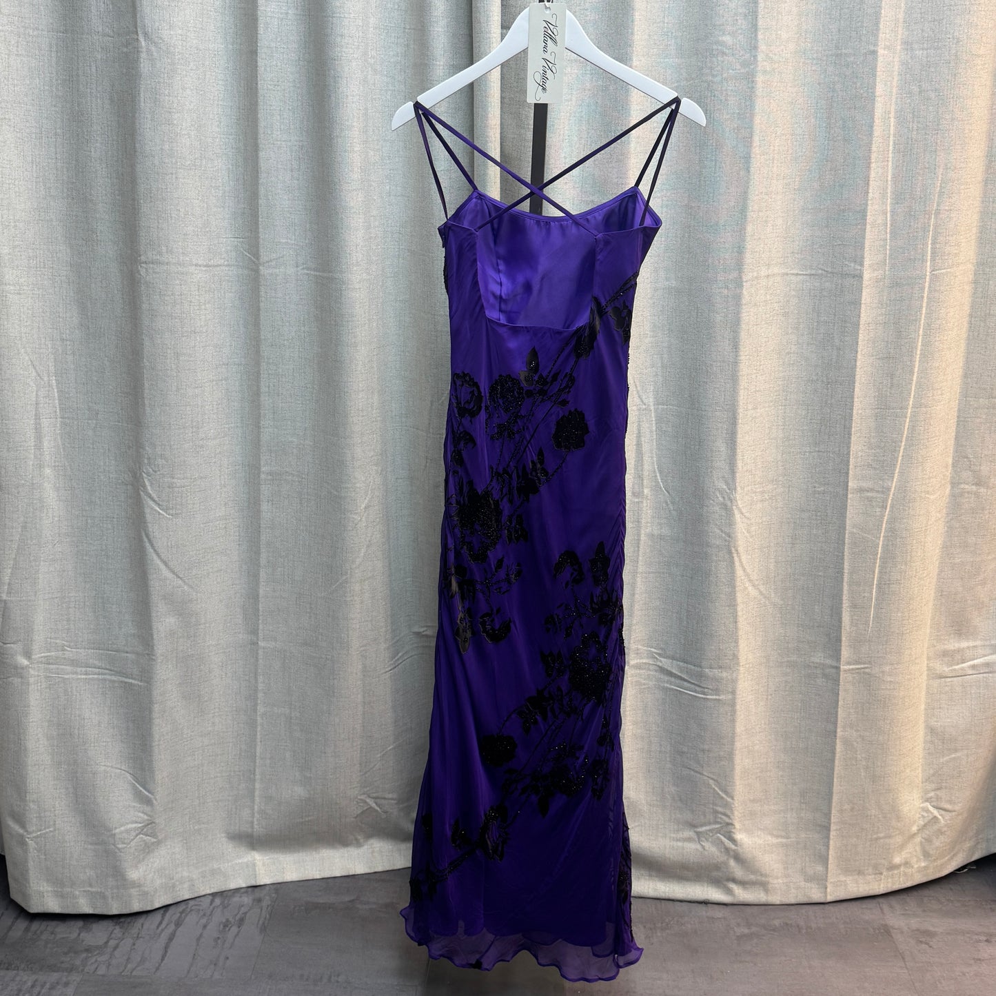 Adolfo Dominguez Purple and Black Silk Floral Beaded Maxi Dress