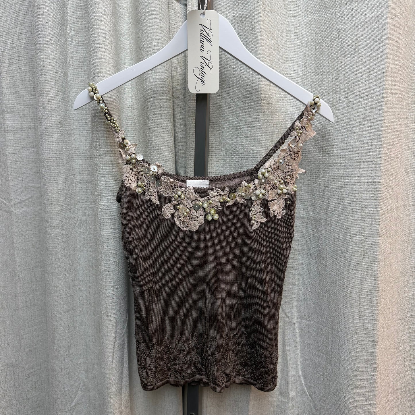 Brown Knit Top with Pink Lace and Beaded Trim