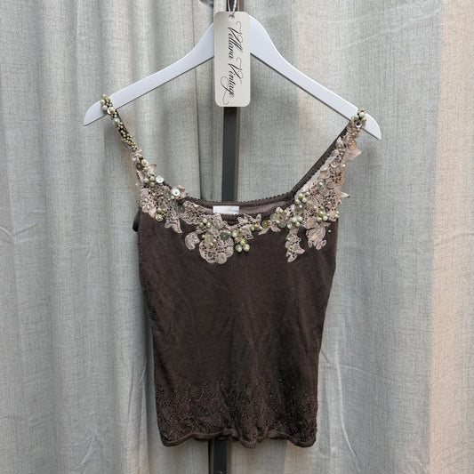 Brown Knit Top with Pink Lace and Beaded Trim
