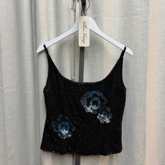 Black Beaded Top with Blue Sequin Flowers