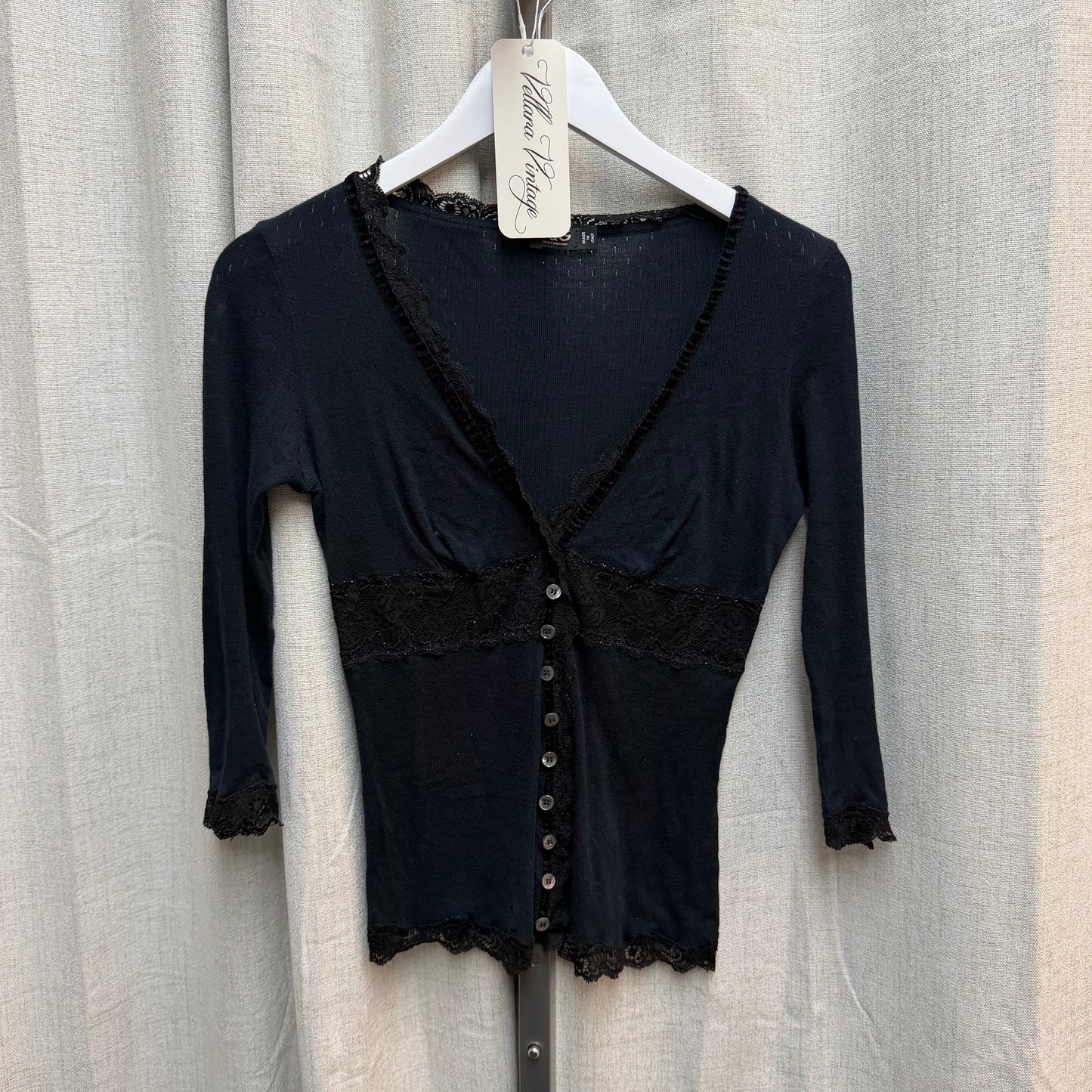 D&G Navy 3/4 Sleeve Pointelle Knit Button Down Top