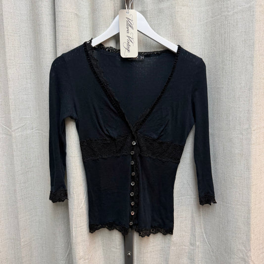 D&G Navy 3/4 Sleeve Pointelle Knit Button Down Top
