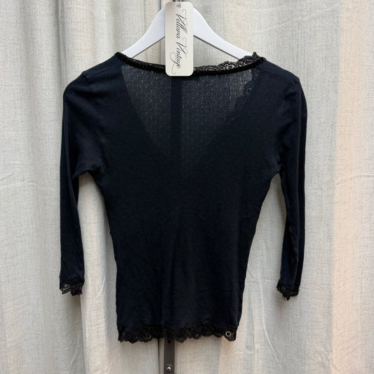 D&G Navy 3/4 Sleeve Pointelle Knit Button Down Top
