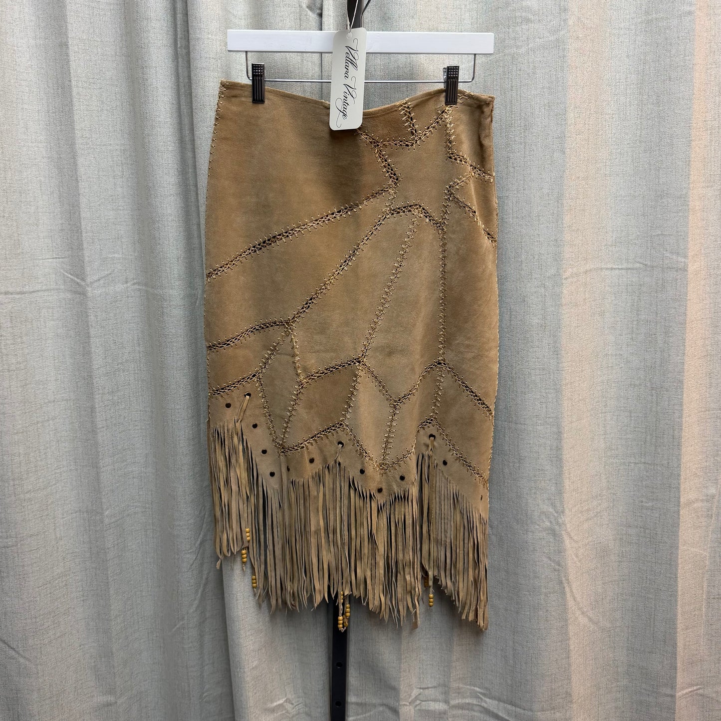 Tan Suede Fringe Midi Skirt