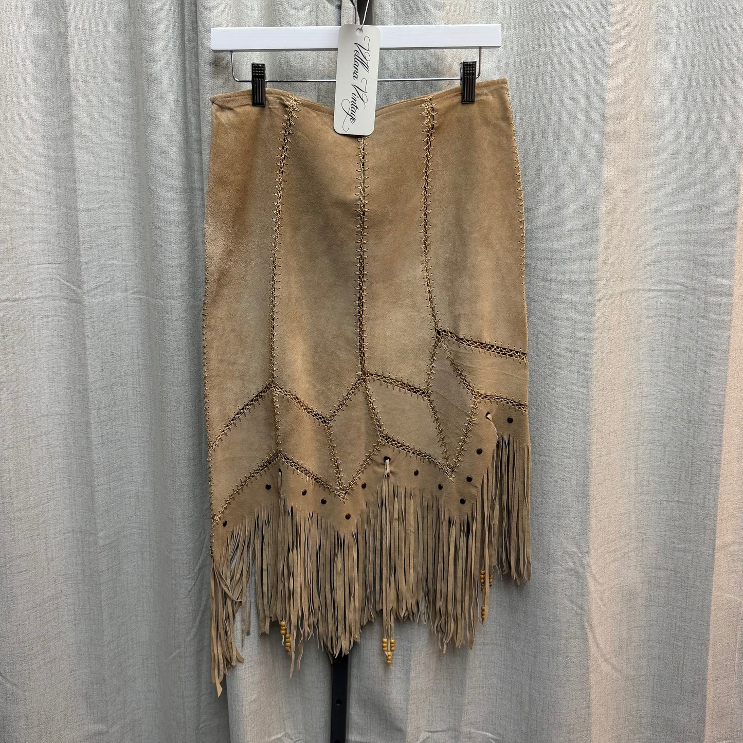 Tan Suede Fringe Midi Skirt