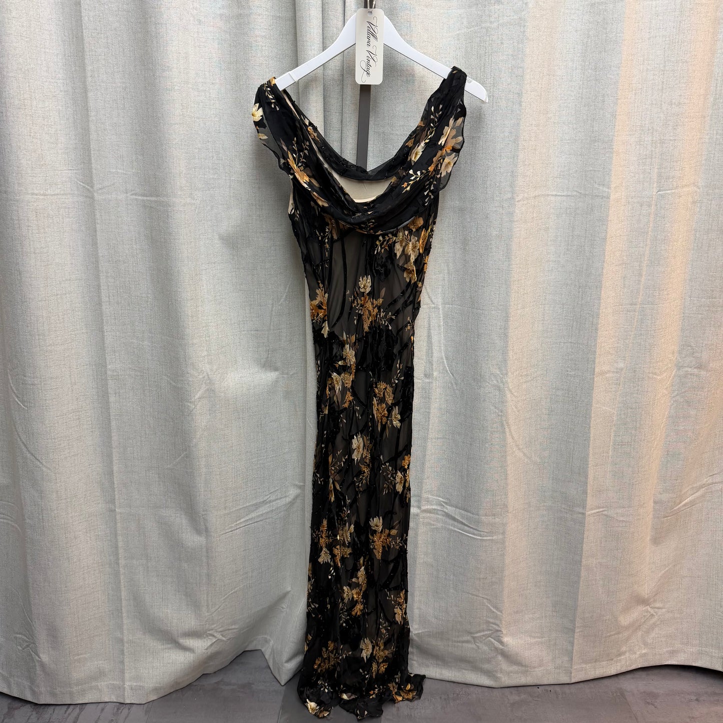 Black Silk Cowl Neck Maxi Dress w/ Tan Floral Print