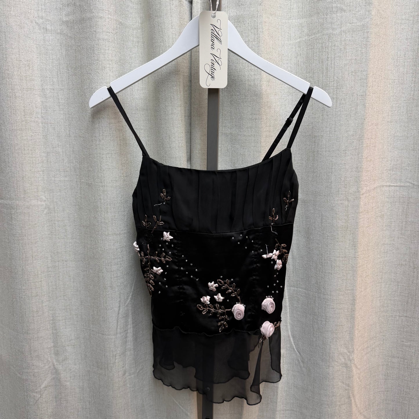 Black Mesh Top w/ Baby Pink Floral Applique