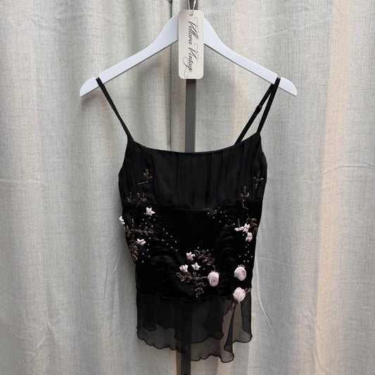 Black Mesh Top w/ Baby Pink Floral Applique