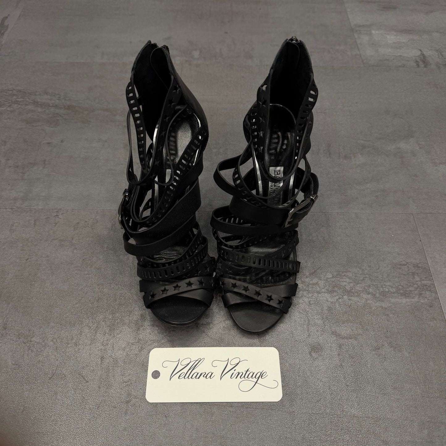 Balmain Black Leather Strappy Heels w/ Buckle