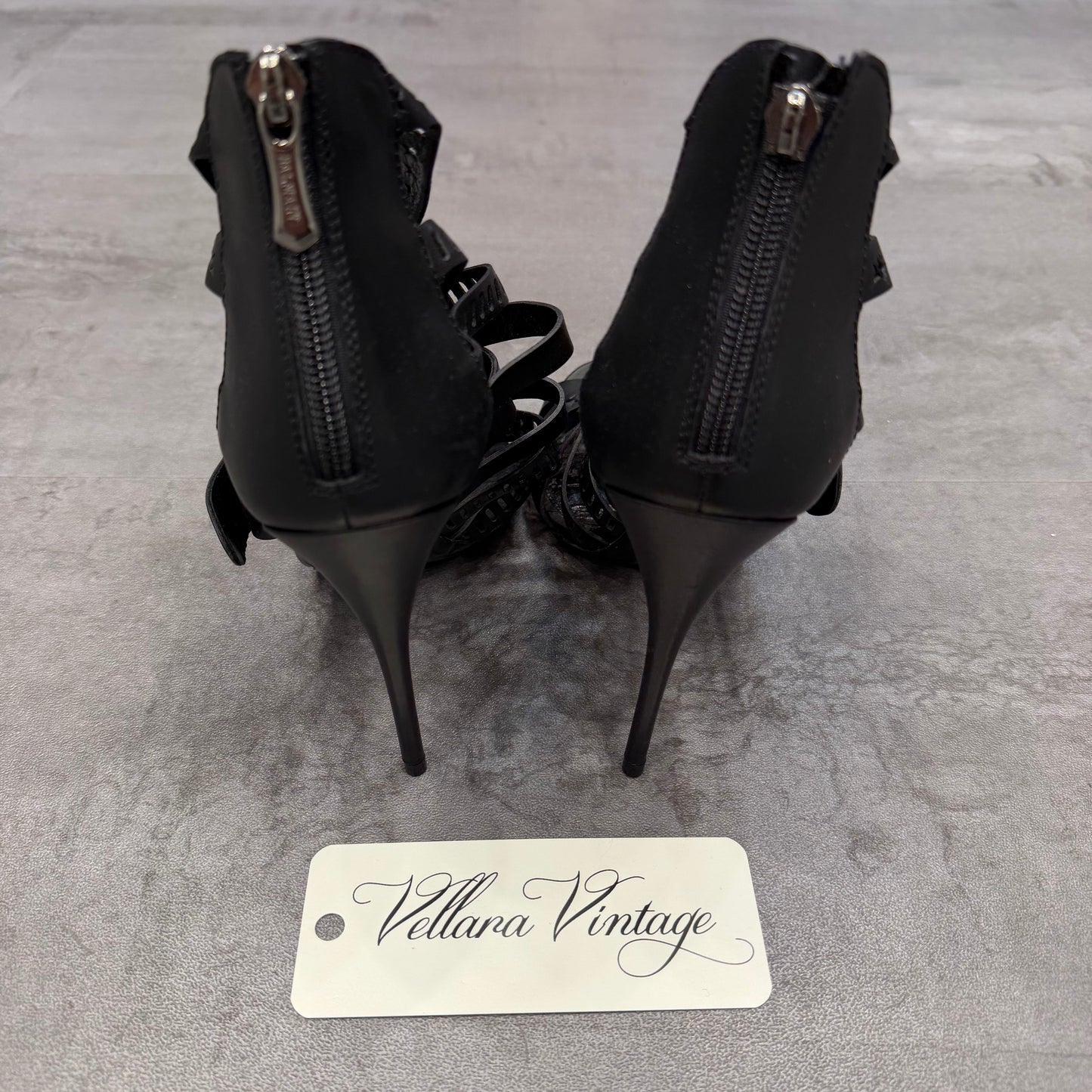 Balmain Black Leather Strappy Heels w/ Buckle