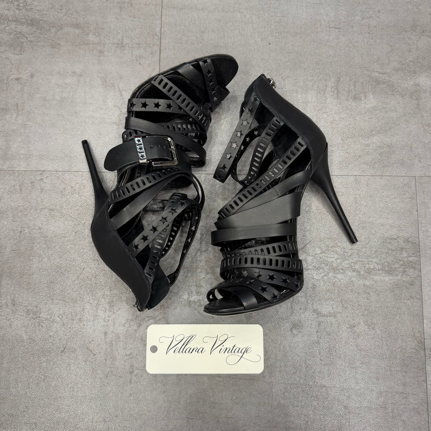 Balmain Black Leather Strappy Heels w/ Buckle