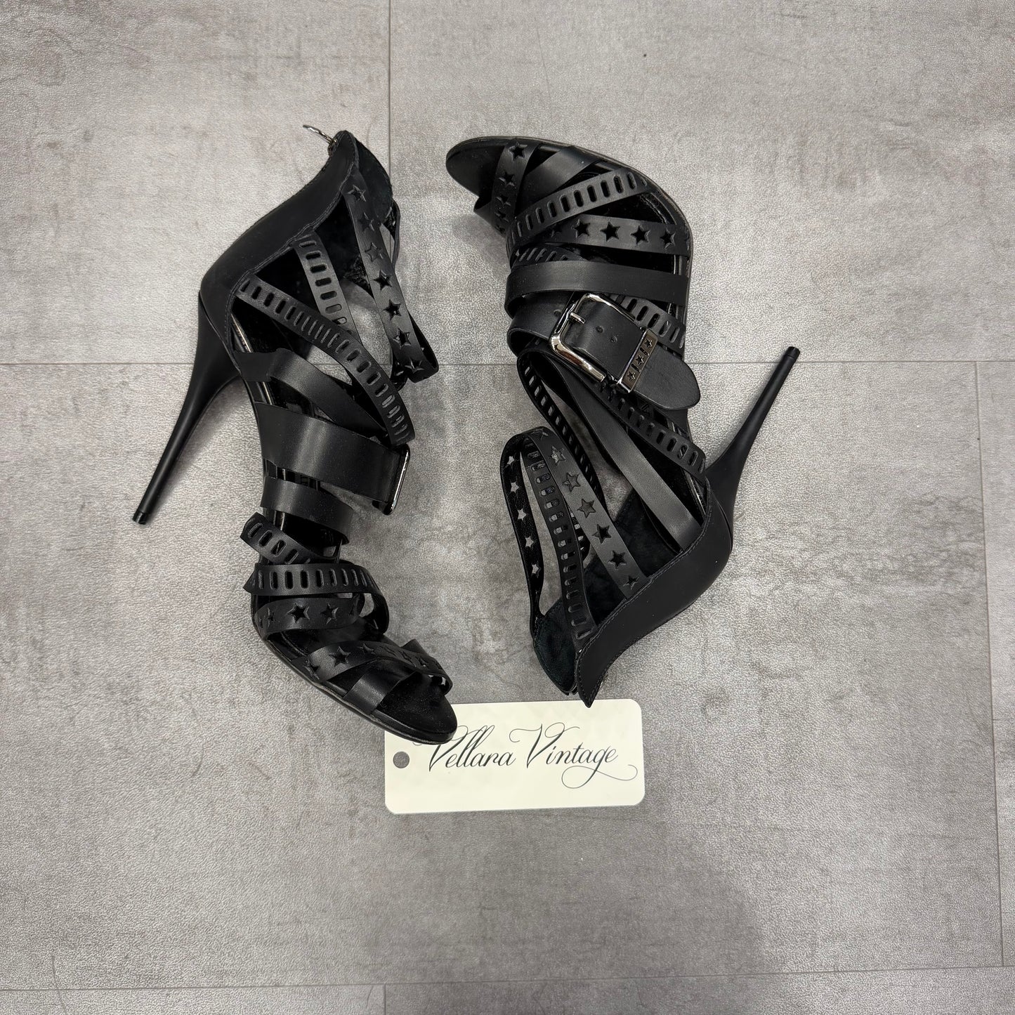 Balmain Black Leather Strappy Heels w/ Buckle