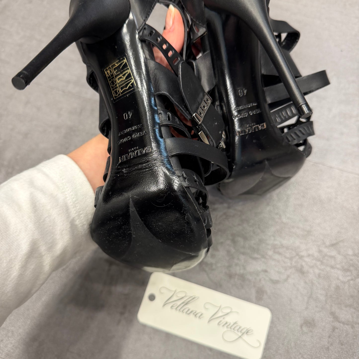 Balmain Black Leather Strappy Heels w/ Buckle