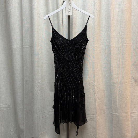 Black & Holographic Beaded 100% Silk Knee-length Dress w/ Floral Appliqué
