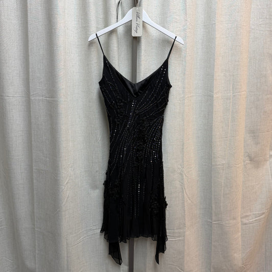 Black & Holographic Beaded 100% Silk Knee-length Dress w/ Floral Appliqué