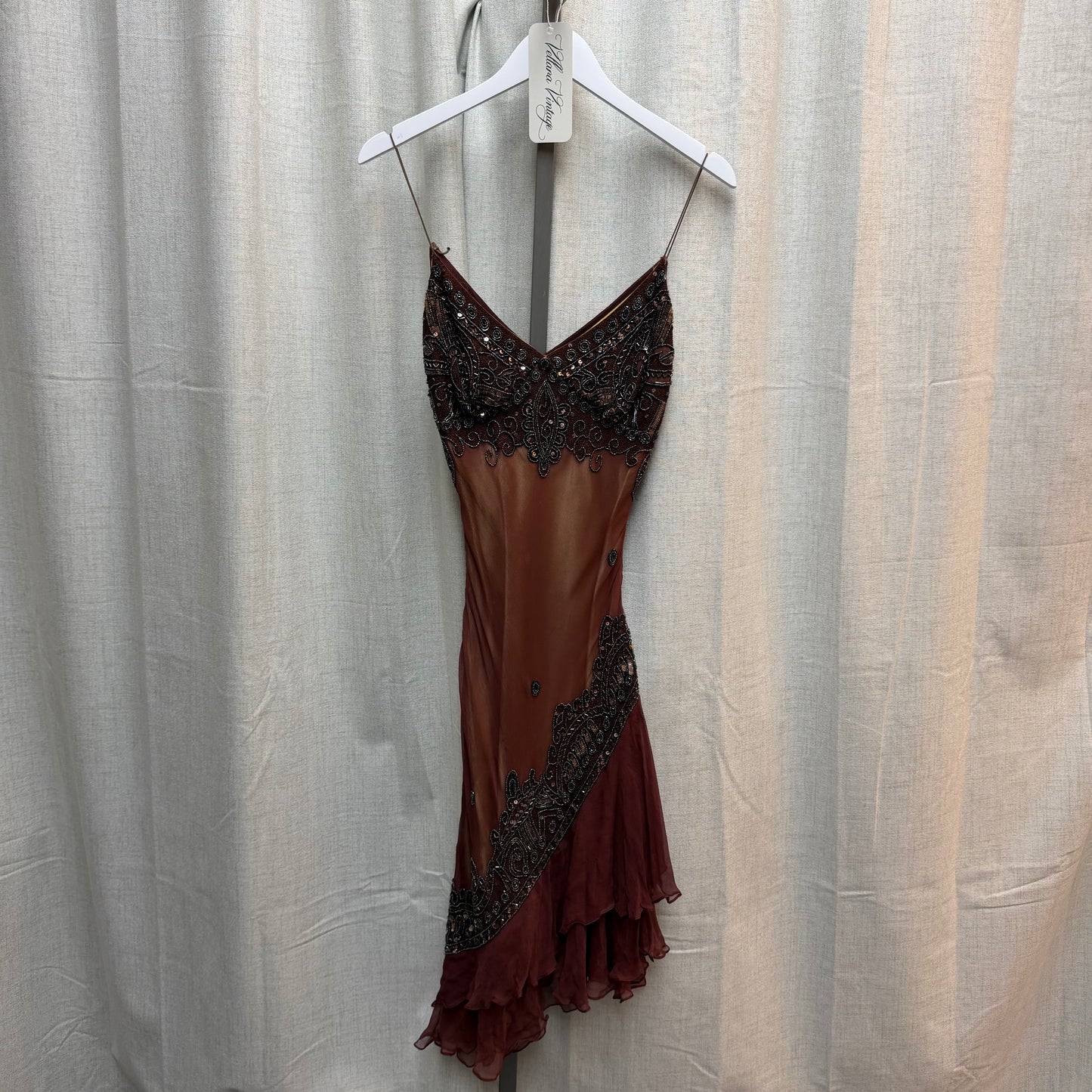 Brown 100% Silk Asymmetrical Beaded Midi Dress