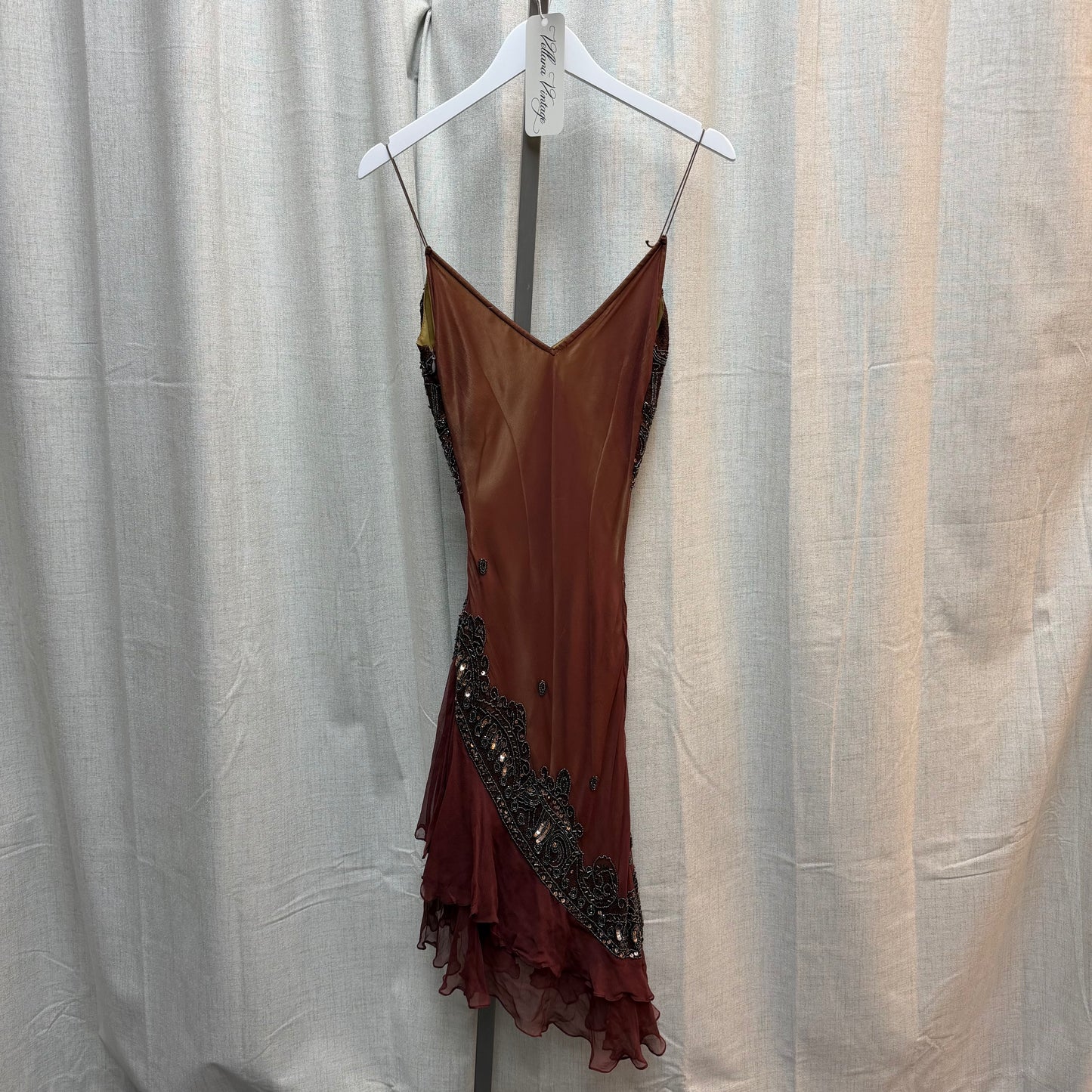 Brown 100% Silk Asymmetrical Beaded Midi Dress