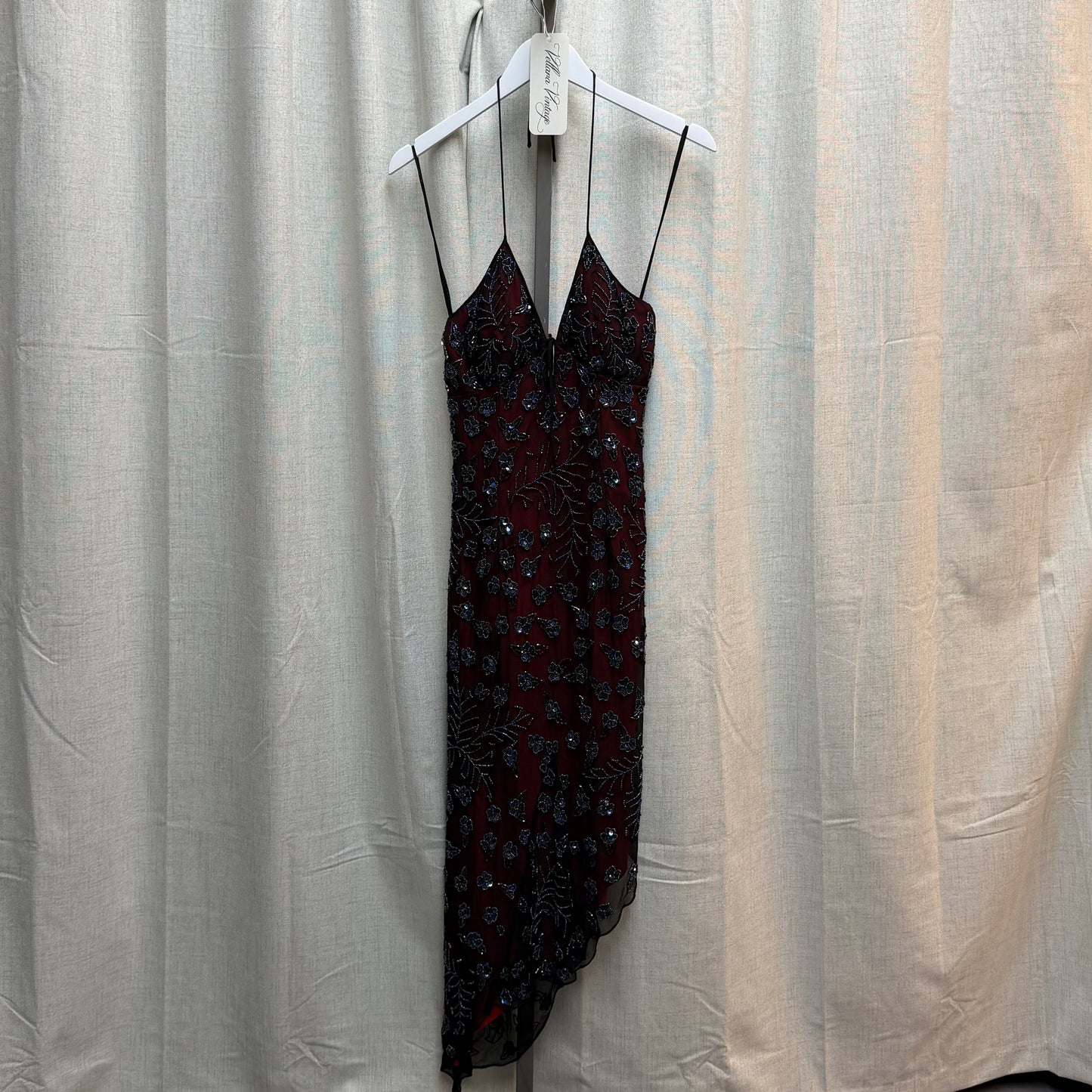 Red & Black Mesh Beaded 100% Silk Halter Midi Dress