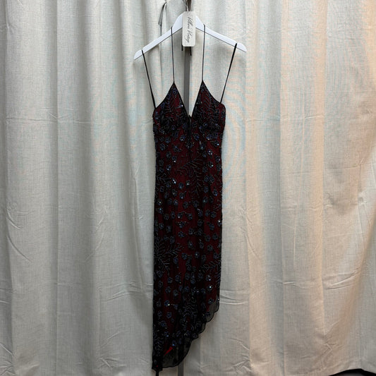 Red & Black Mesh Beaded 100% Silk Halter Midi Dress
