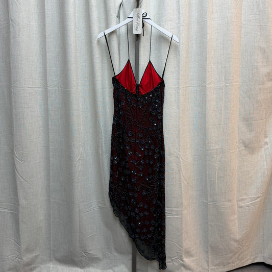Red & Black Mesh Beaded 100% Silk Halter Midi Dress