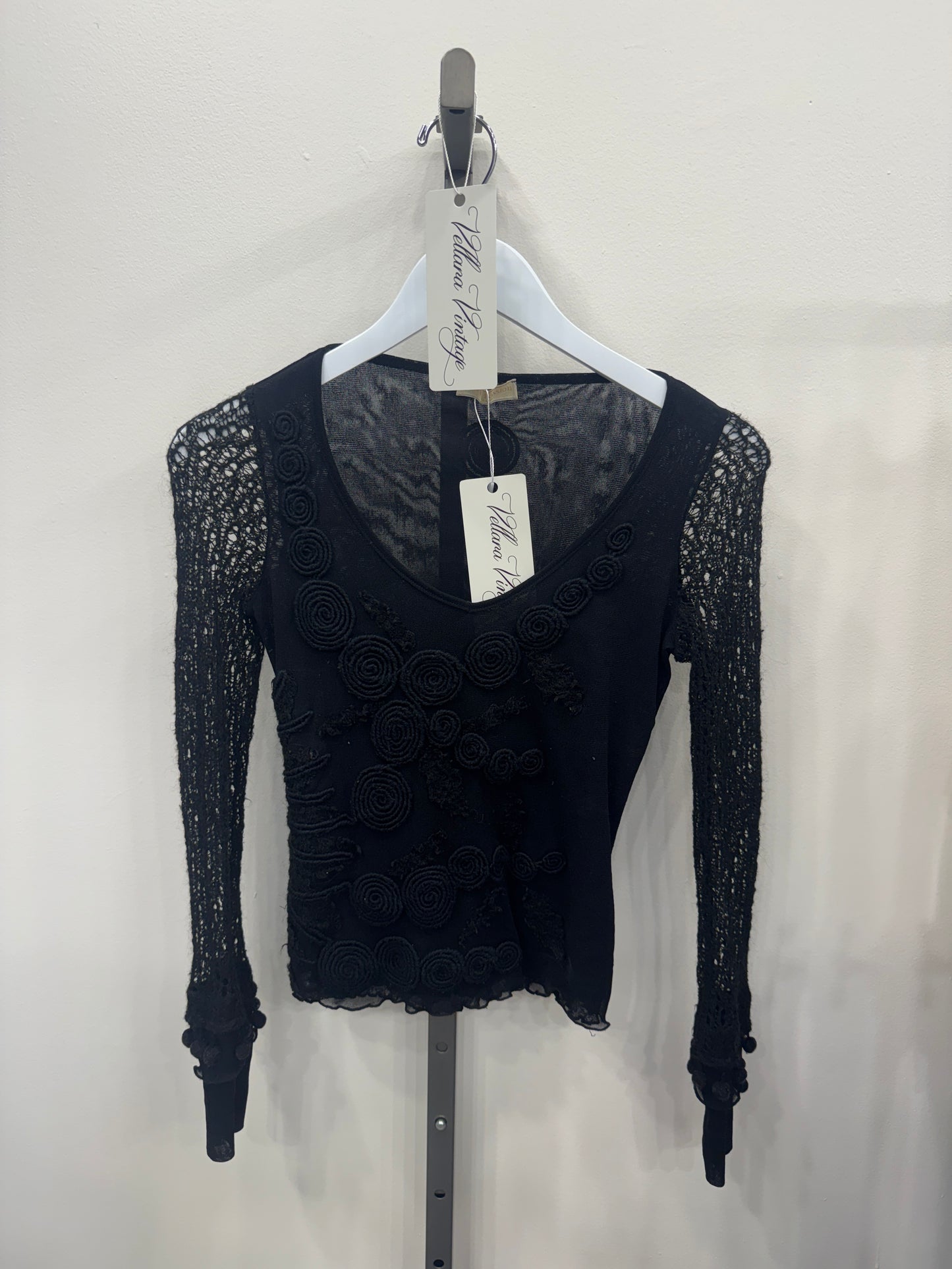 Vintage Italian Lace Rosette Mesh Sheer Long Sleeve