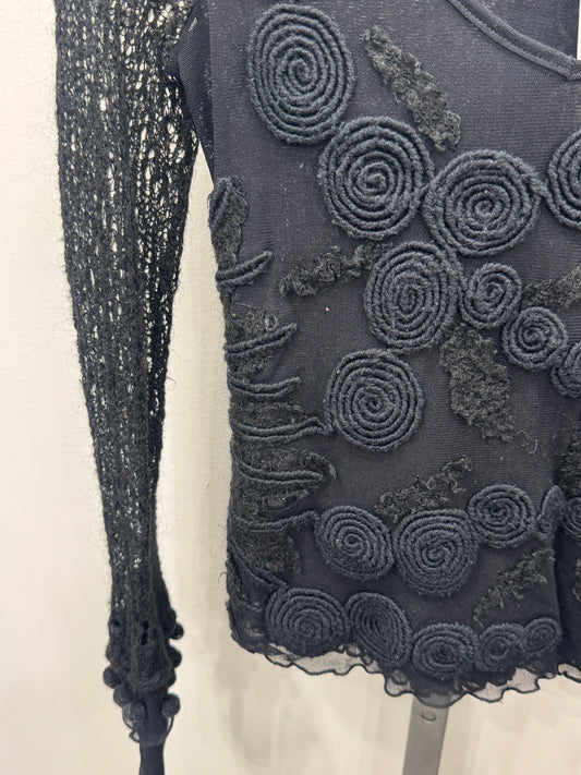 Vintage Italian Lace Rosette Mesh Sheer Long Sleeve