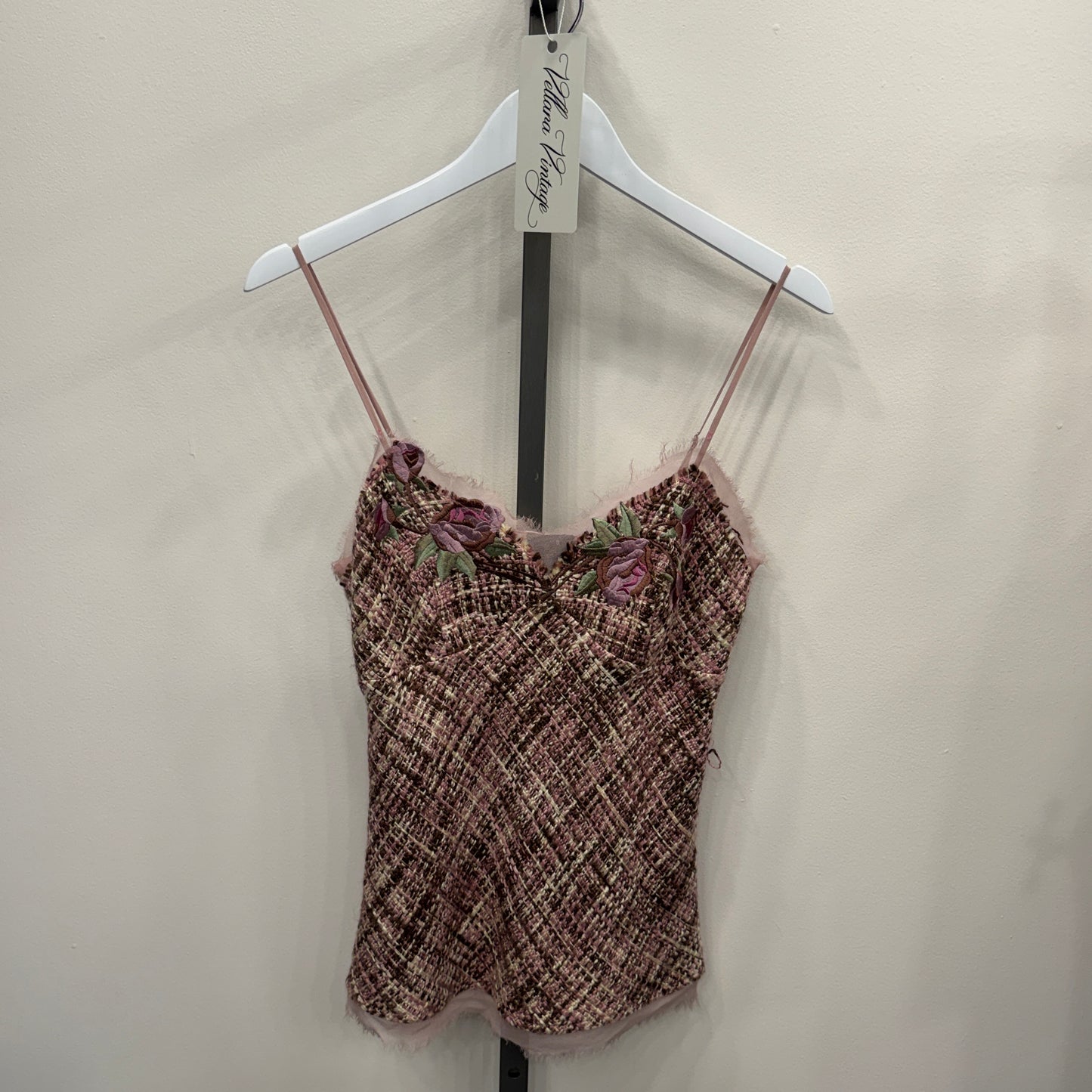 Pink Tweed Tank Top with Floral Details