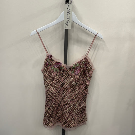 Pink Tweed Tank Top with Floral Details