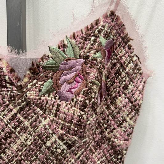 Pink Tweed Tank Top with Floral Details