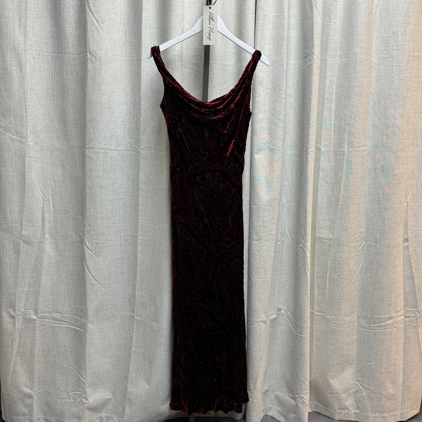 Carmen Marc Valvo Red Velvet Beaded Dress