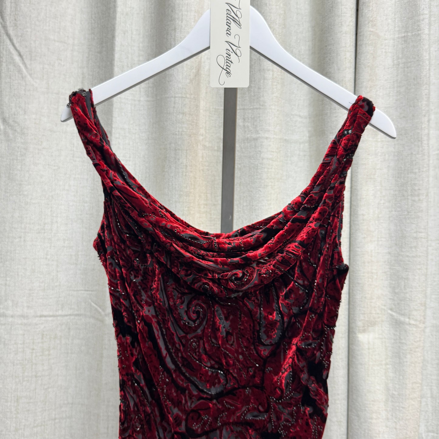 Carmen Marc Valvo Red Velvet Beaded Dress