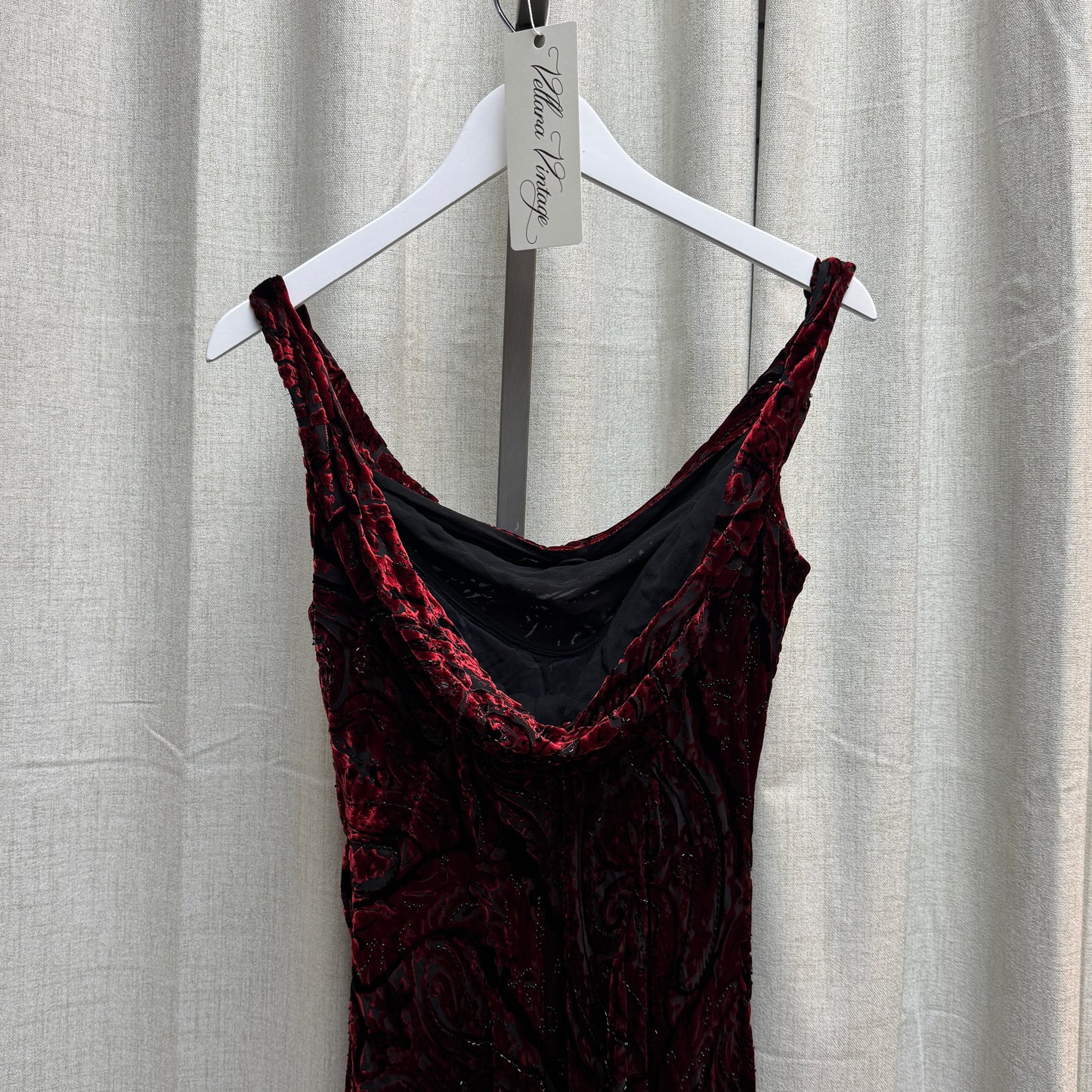 Carmen Marc Valvo Red Velvet Beaded Dress