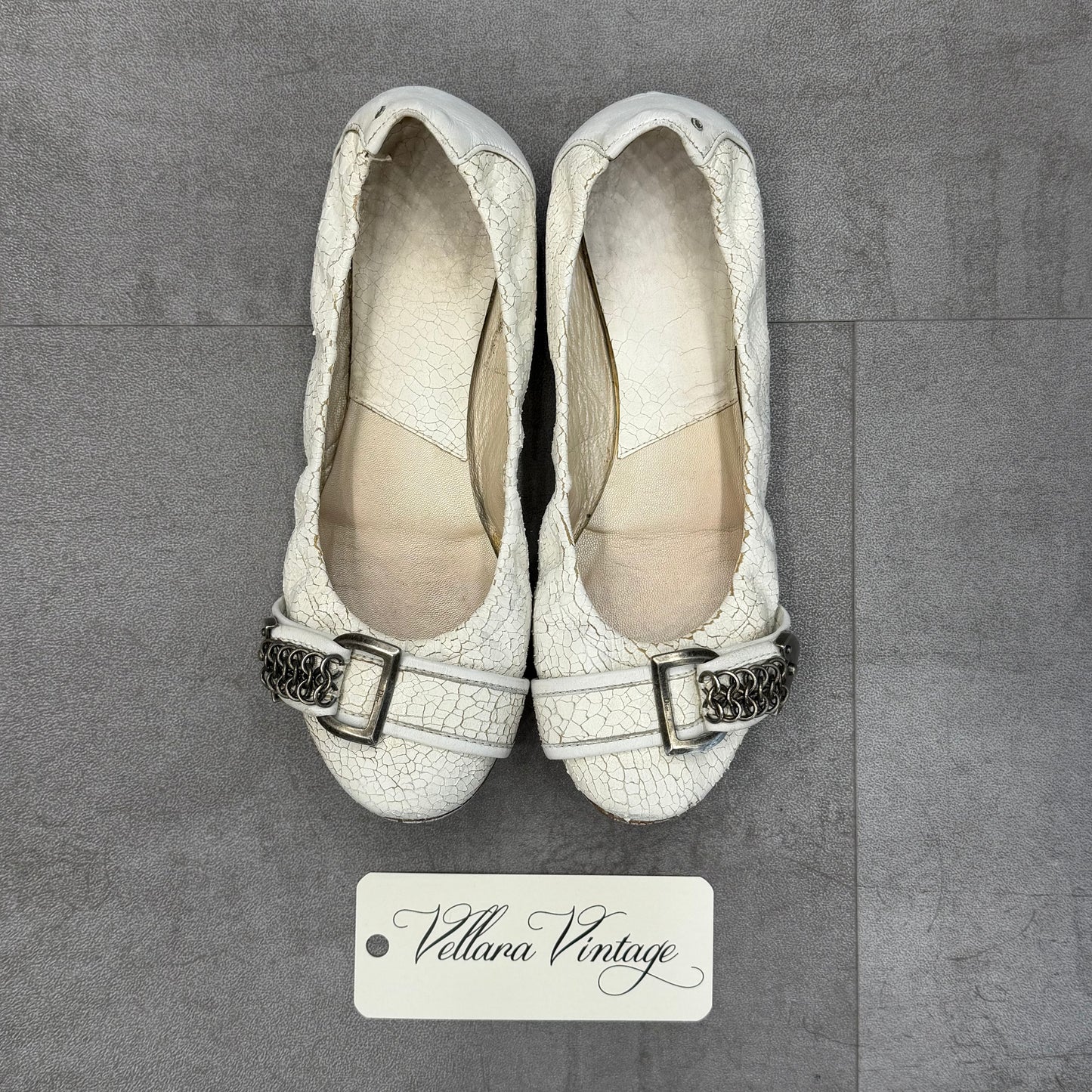 Dior White Crackled Leather Chainmail Ballet Flats