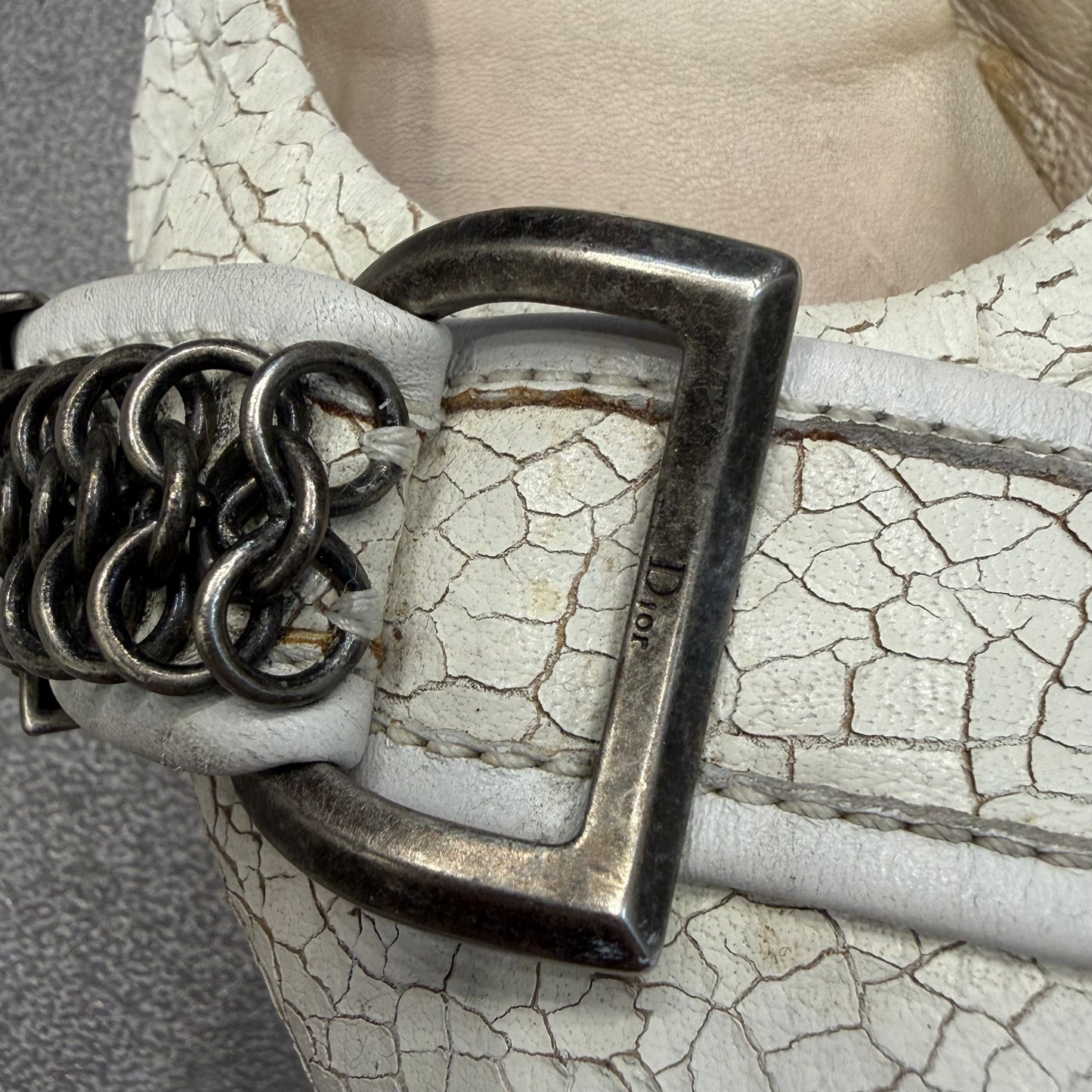 Dior White Crackled Leather Chainmail Ballet Flats