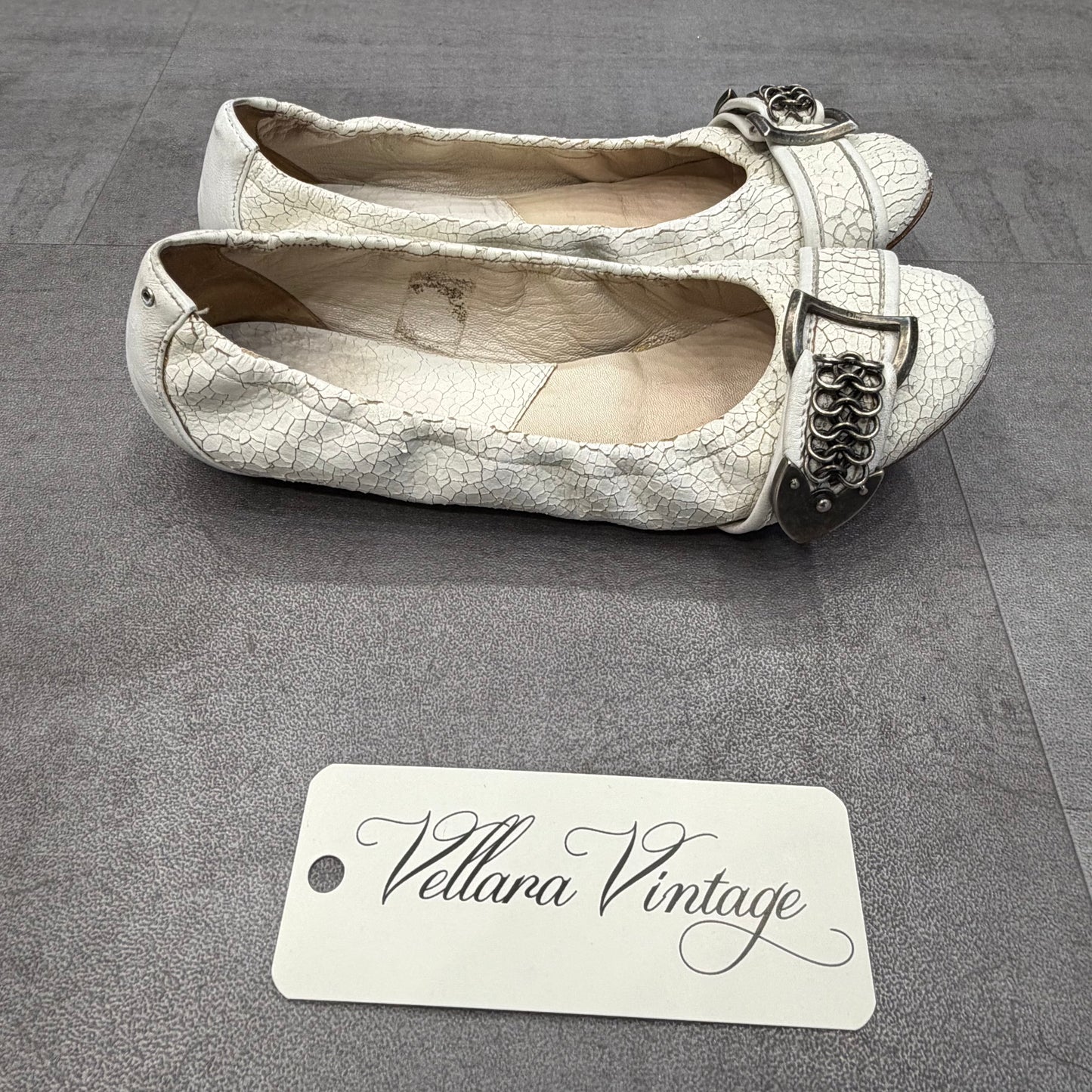 Dior White Crackled Leather Chainmail Ballet Flats