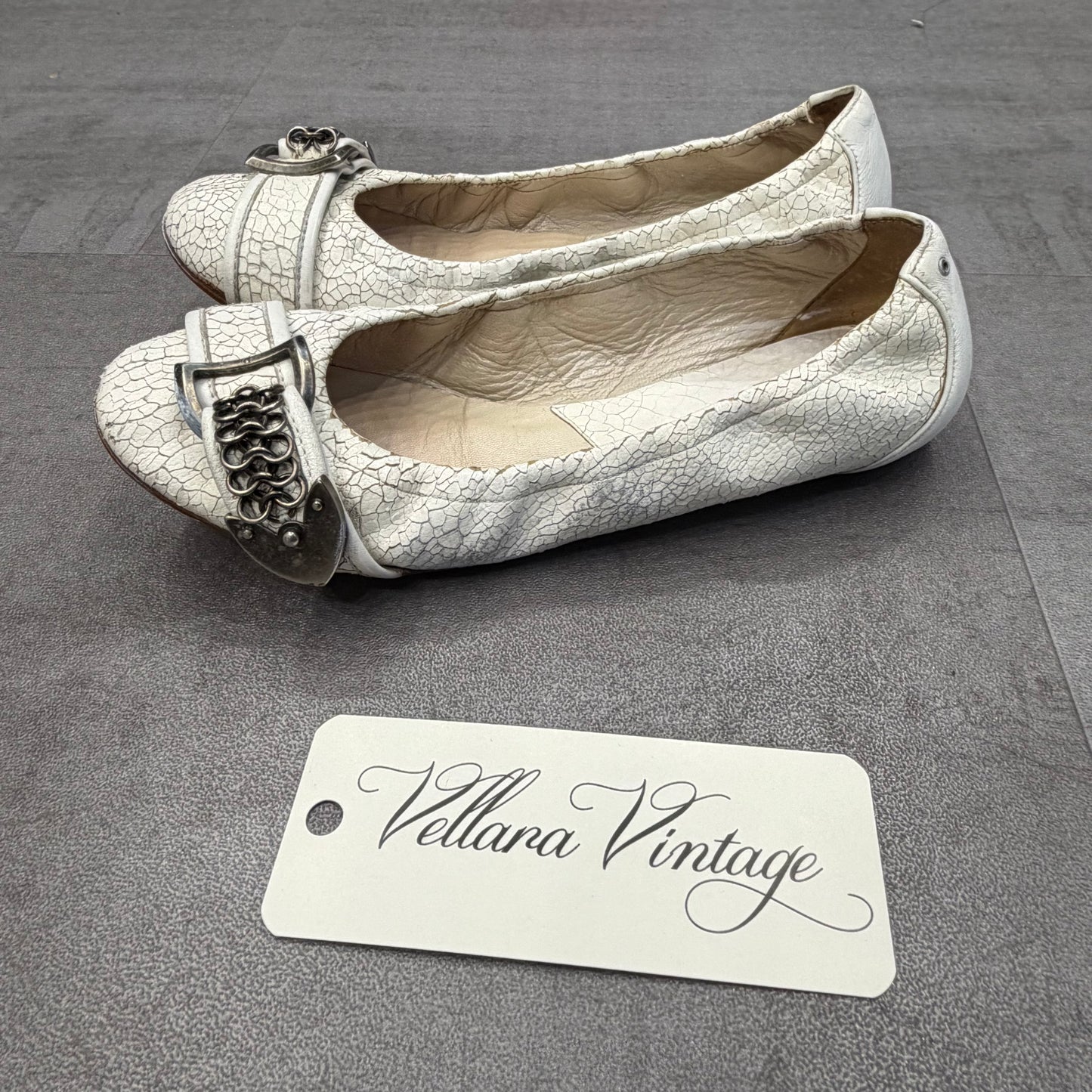 Dior White Crackled Leather Chainmail Ballet Flats