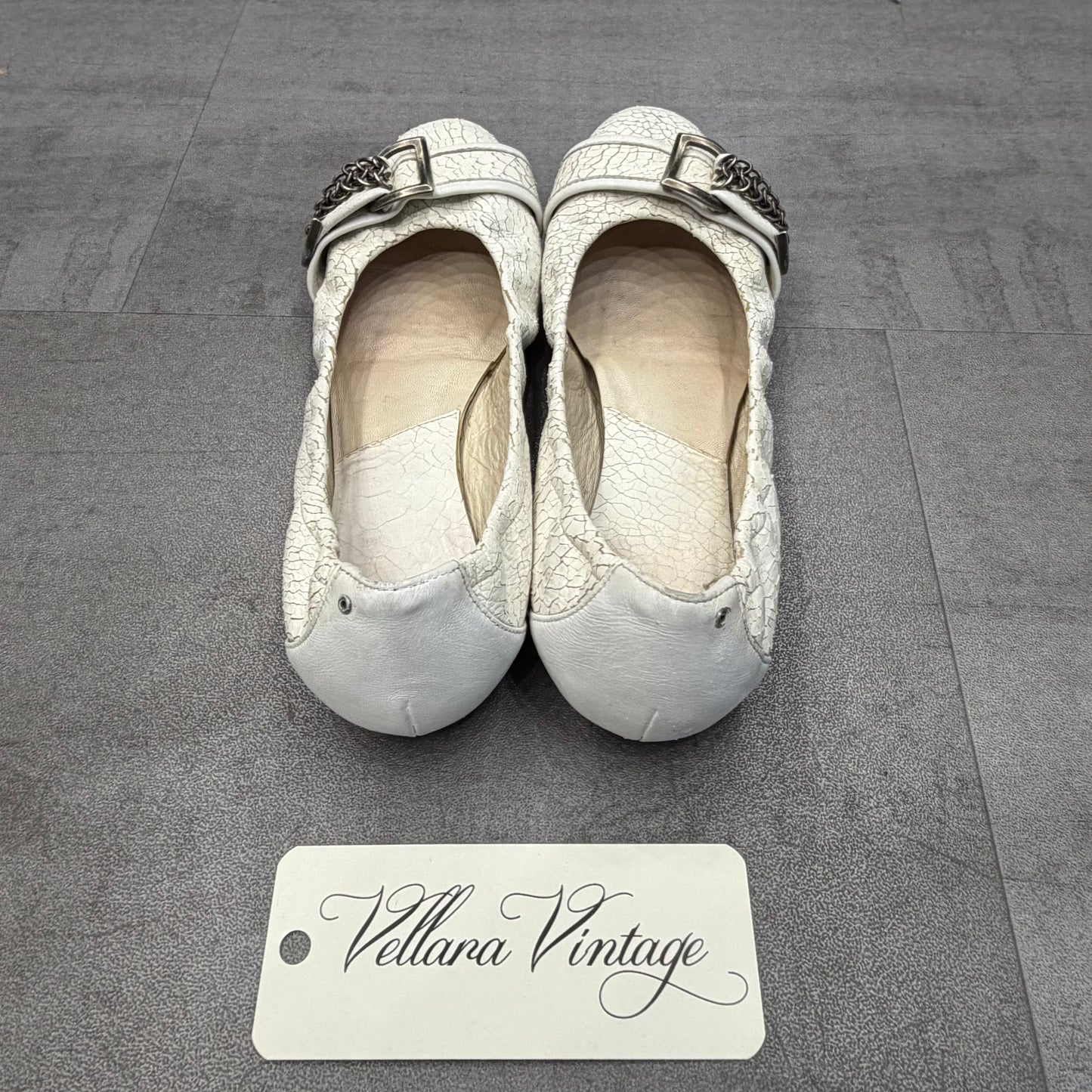 Dior White Crackled Leather Chainmail Ballet Flats