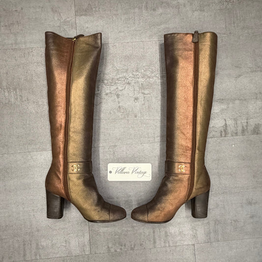 Chanel Metallic Copper Leather Knee High Boots w/ Gold CC Hardware