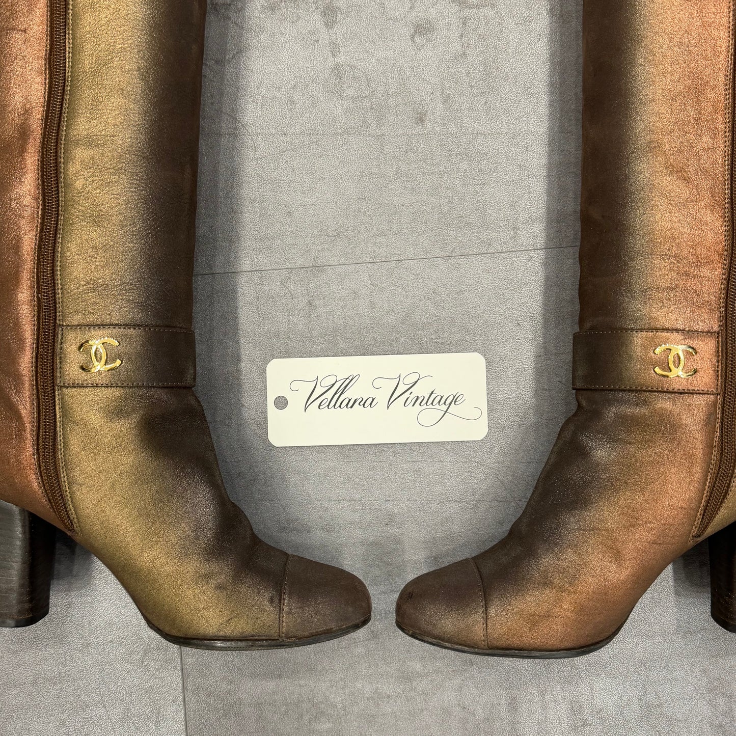 Chanel Metallic Copper Leather Knee High Boots w/ Gold CC Hardware