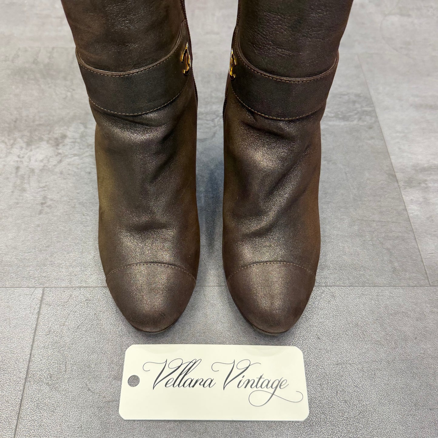 Chanel Metallic Copper Leather Knee High Boots w/ Gold CC Hardware