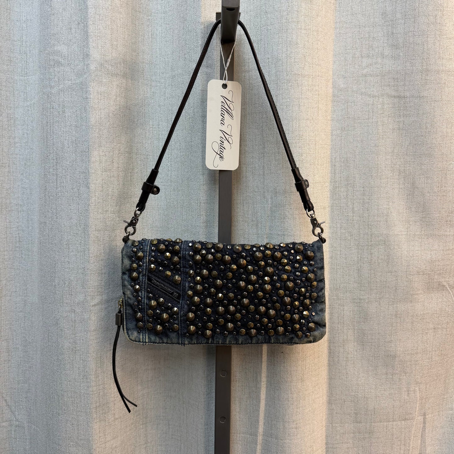 Diesel Industry Small Denim Baguette Bag w/ Metal Studs & Rhinestones