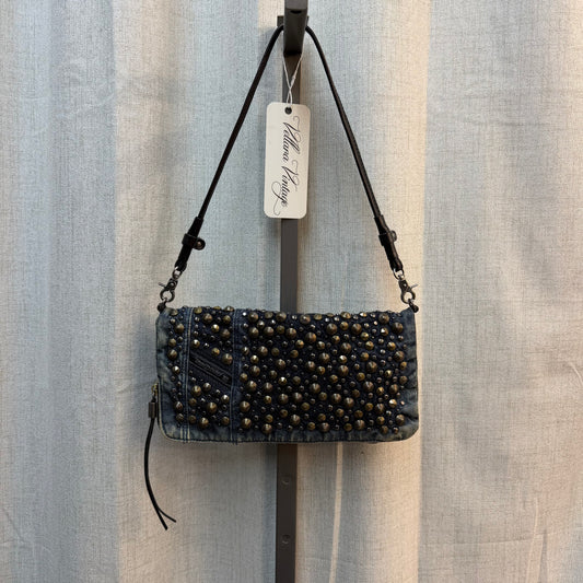 Diesel Industry Small Denim Baguette Bag w/ Metal Studs & Rhinestones