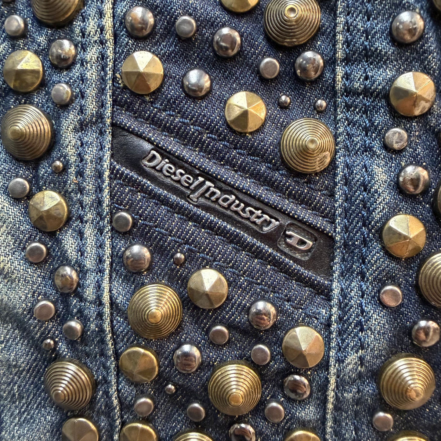 Diesel Industry Small Denim Baguette Bag w/ Metal Studs & Rhinestones