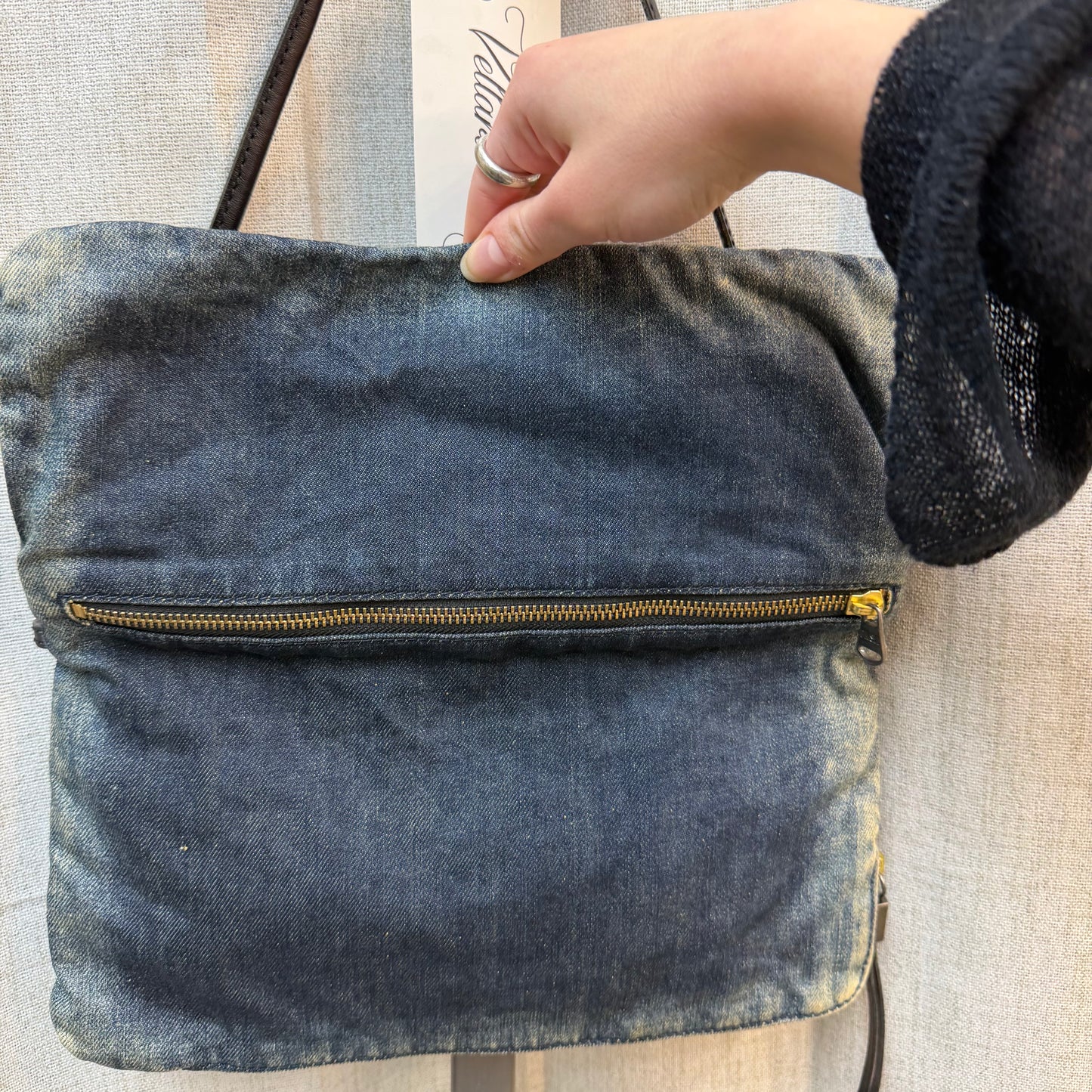 Diesel Industry Small Denim Baguette Bag w/ Metal Studs & Rhinestones