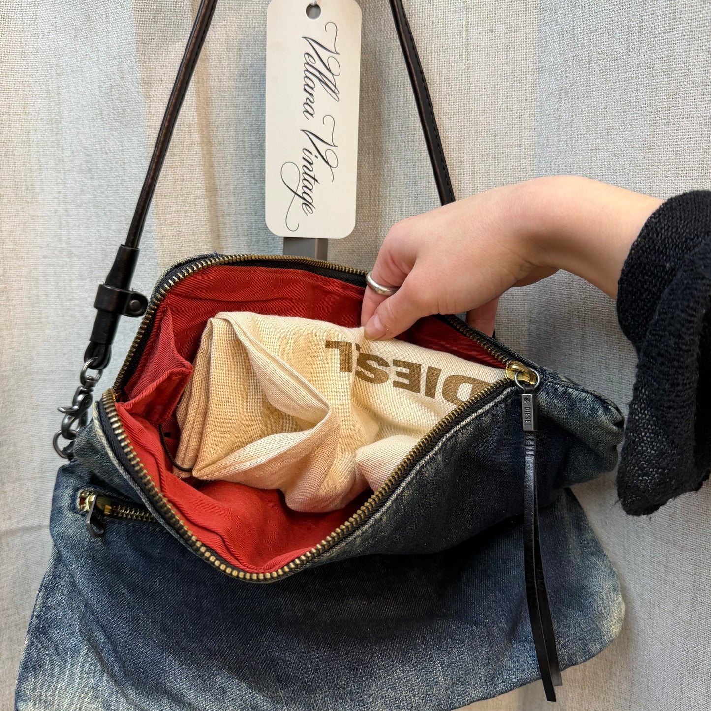 Diesel Industry Small Denim Baguette Bag w/ Metal Studs & Rhinestones