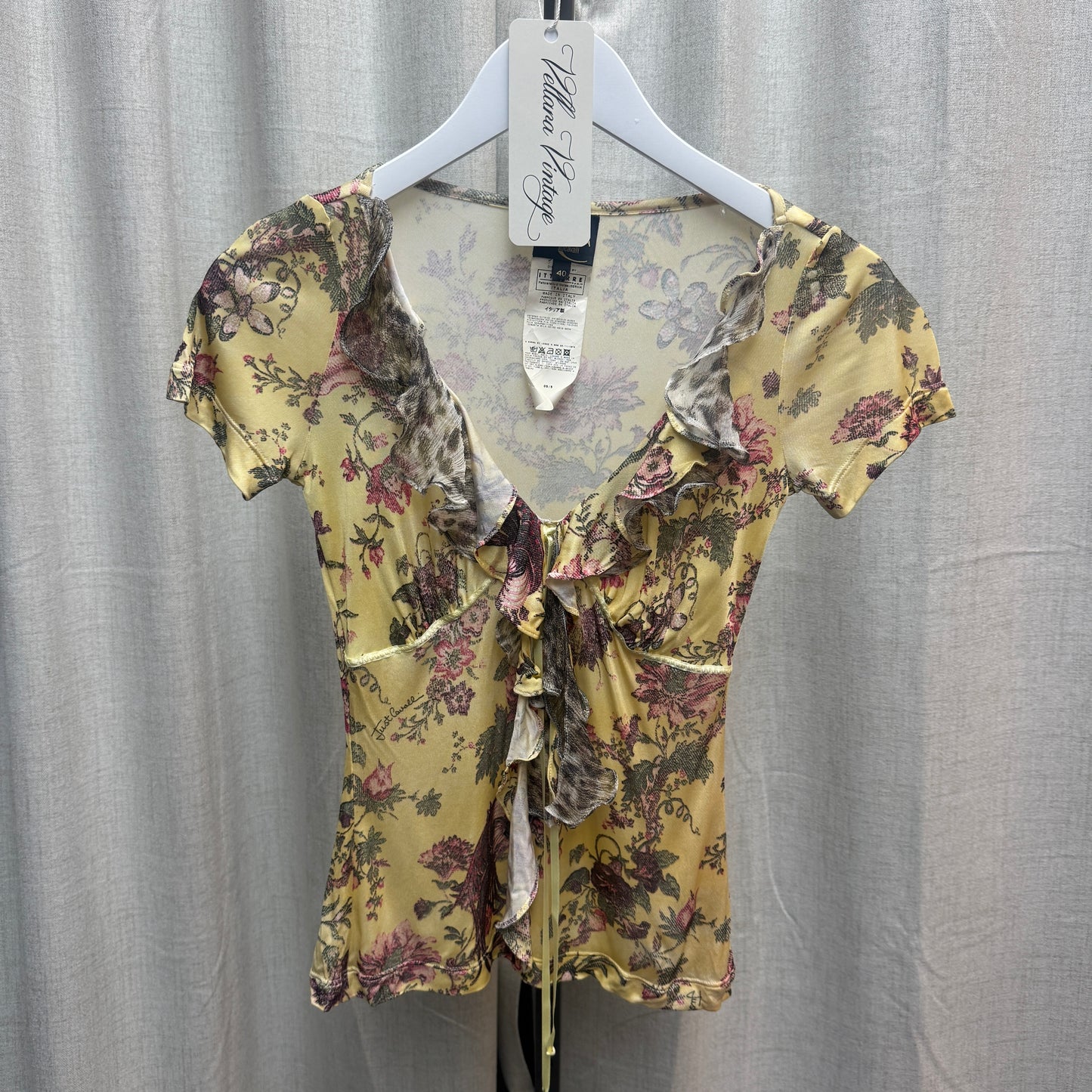 Just Cavalli Yellow Floral Ruffle V-Neck Short Sleeve Top
