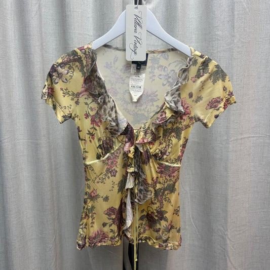 Just Cavalli Yellow Floral Ruffle V-Neck Short Sleeve Top