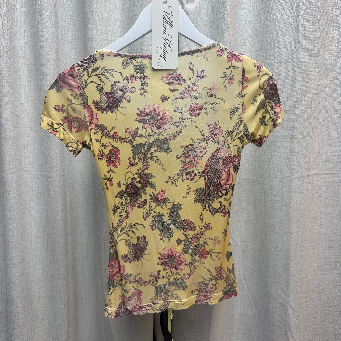Just Cavalli Yellow Floral Ruffle V-Neck Short Sleeve Top